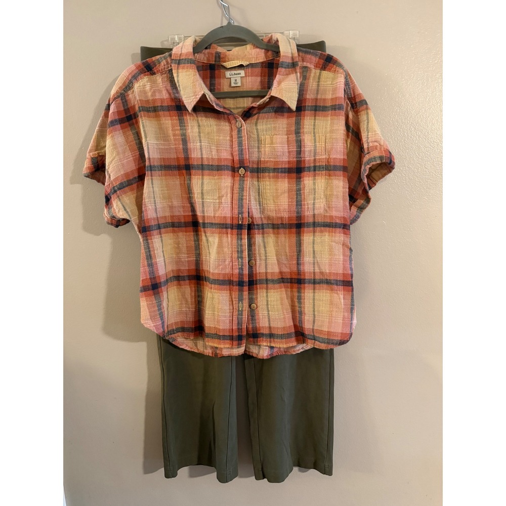 LL Bean Plaid Button Down Shirt M Pet & Olive Green Stretch Pants XS Pet Set